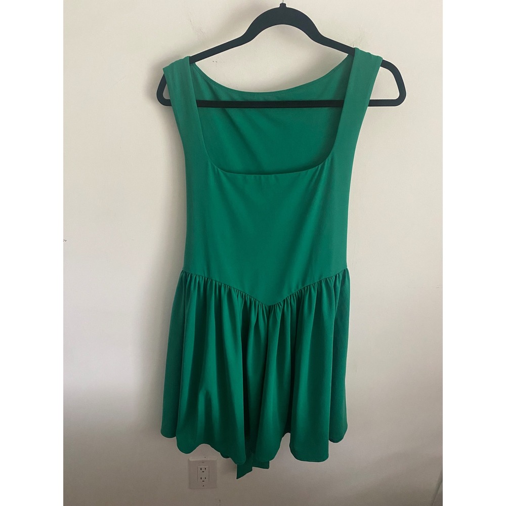 Green Square Neck Sleeveless Flared Drop Waist Dress Women's‎ XL Tie Back